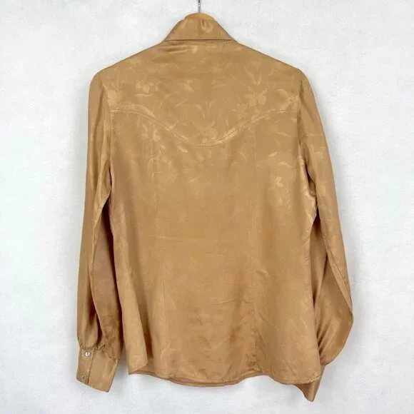 Prior Westerns Vintage Pearl Snap Shirt Floral Grandma Core Shiny 70s Gold L - Picture 3 of 6